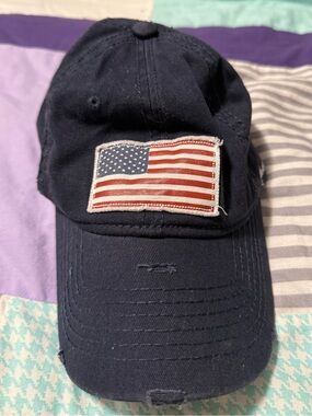 Distressed Navy Baseball Cap with American Flag